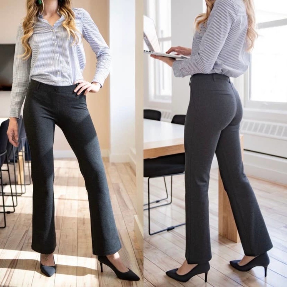 Betabrand Boot-Cut Classic Dress Pant Yoga Pant in Charcoal Size Large Petite
